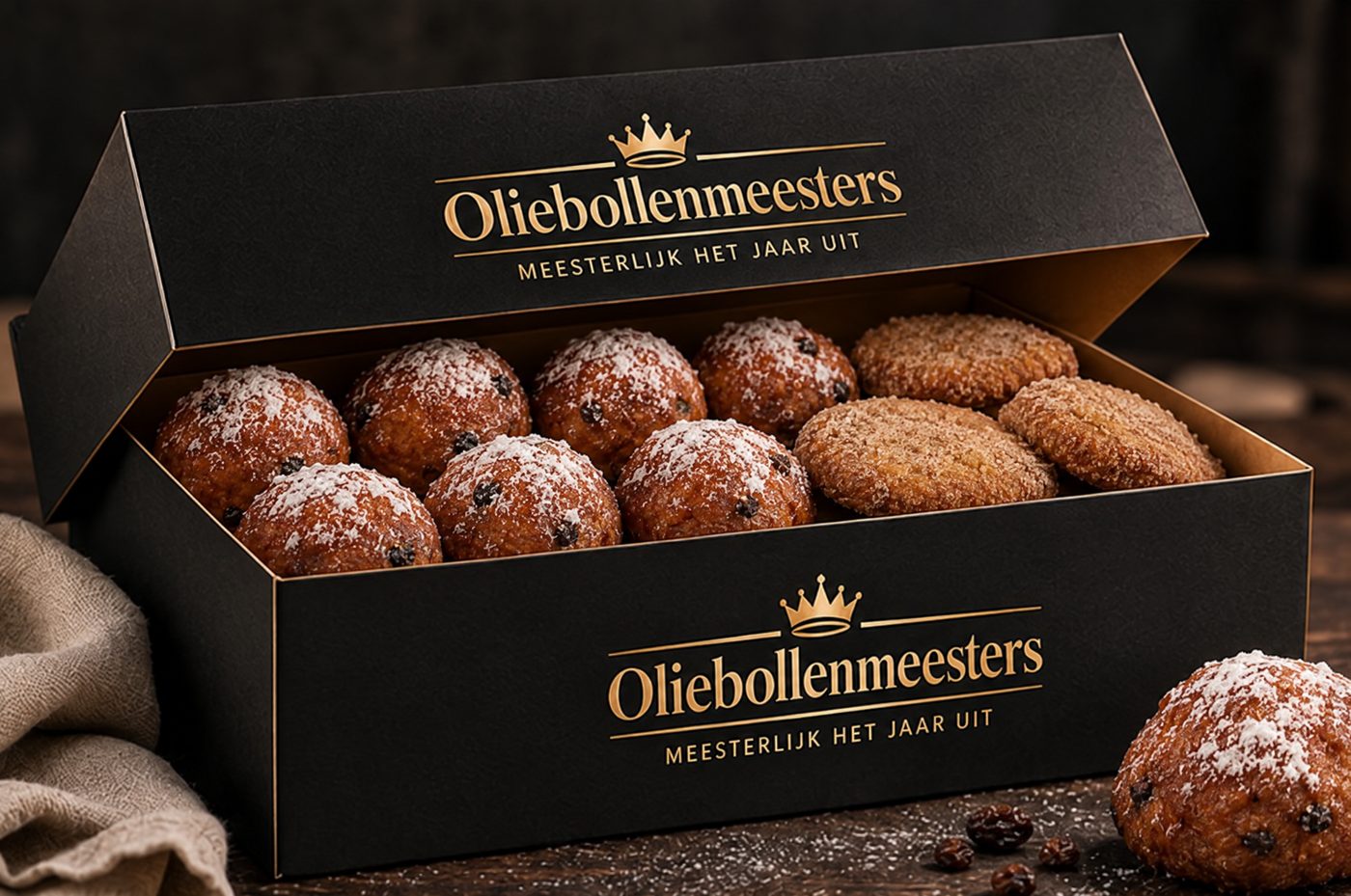Meesterbox van Oliebollenmeesters met oliebollen en appelbeignets
