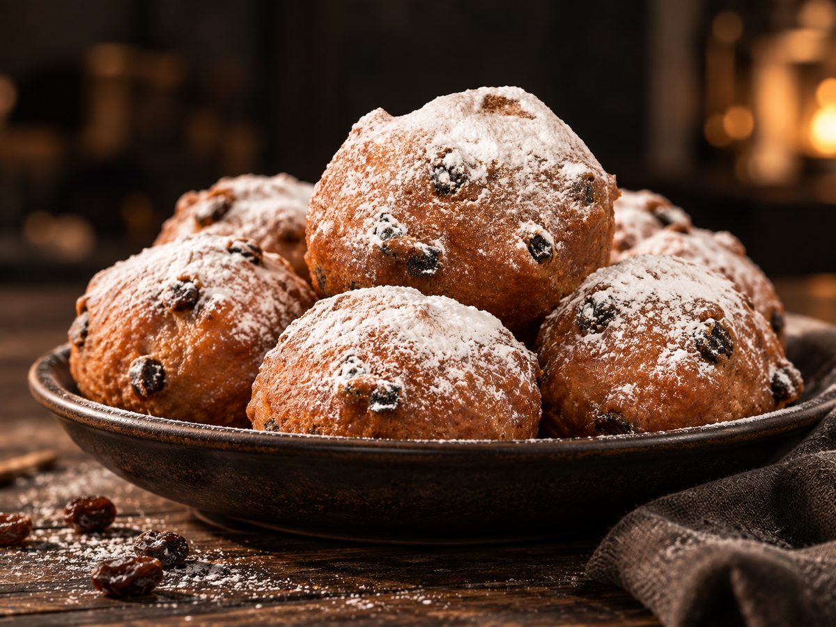 Vers gebakken oliebollen met poedersuiker op een schaal