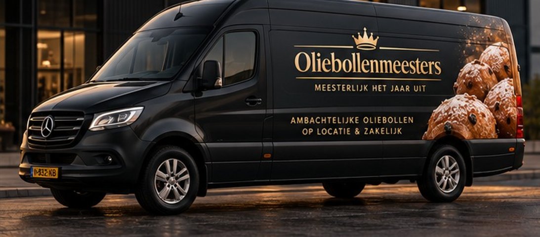 Bezorgbus van Oliebollenmeesters met de Meesterroute onderweg